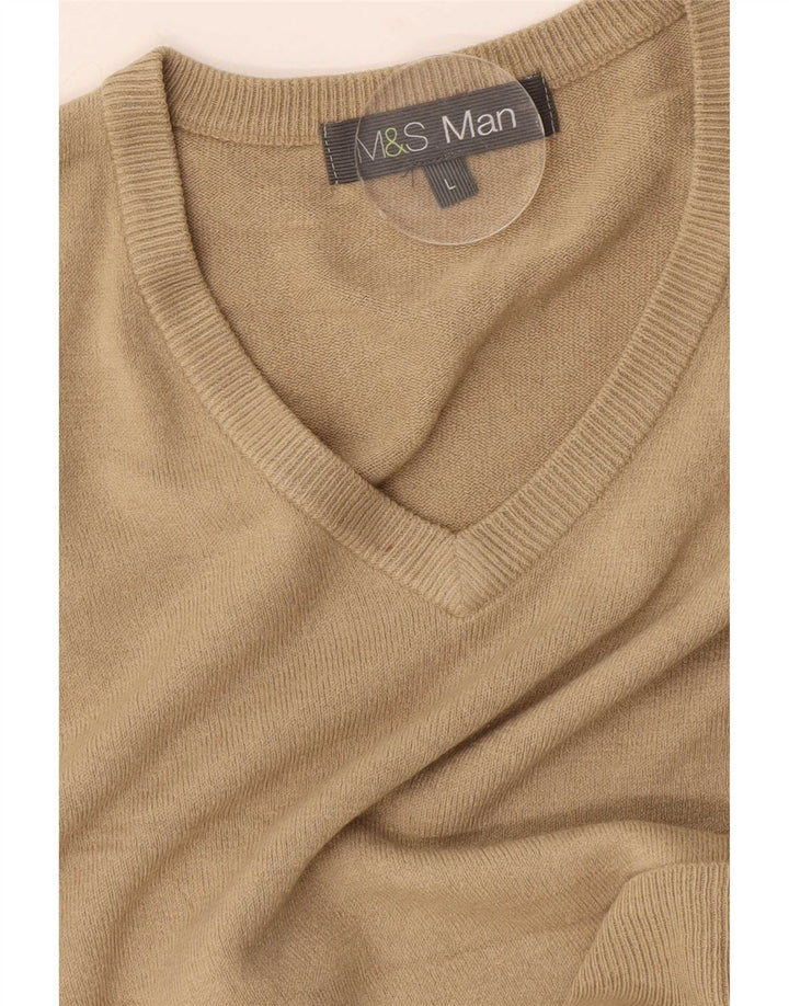 Marks & Spencer Męski sweter z dekoltem w kształcie litery V, duży, beżowy