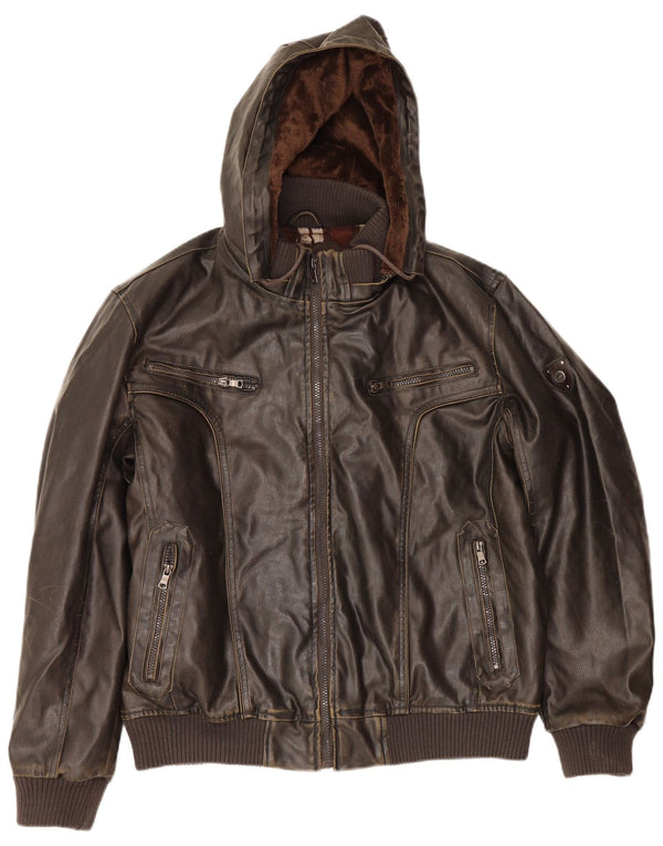 Wampum Mens Hooded Faux Leather Jacket UK 44 2XL Brown Polyvinyl