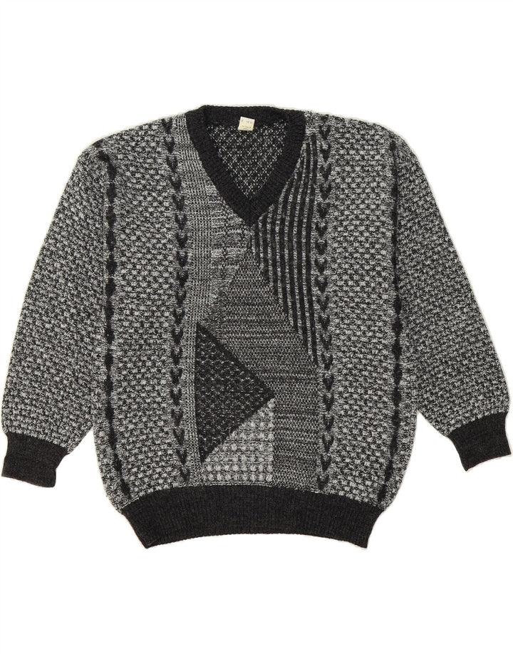 VINTAGE Mens V-Neck Jumper Sweater UK 38/40 Medium Grey Geometric Vintage Vintage and Second-Hand Vintage from Messina Hembry 
