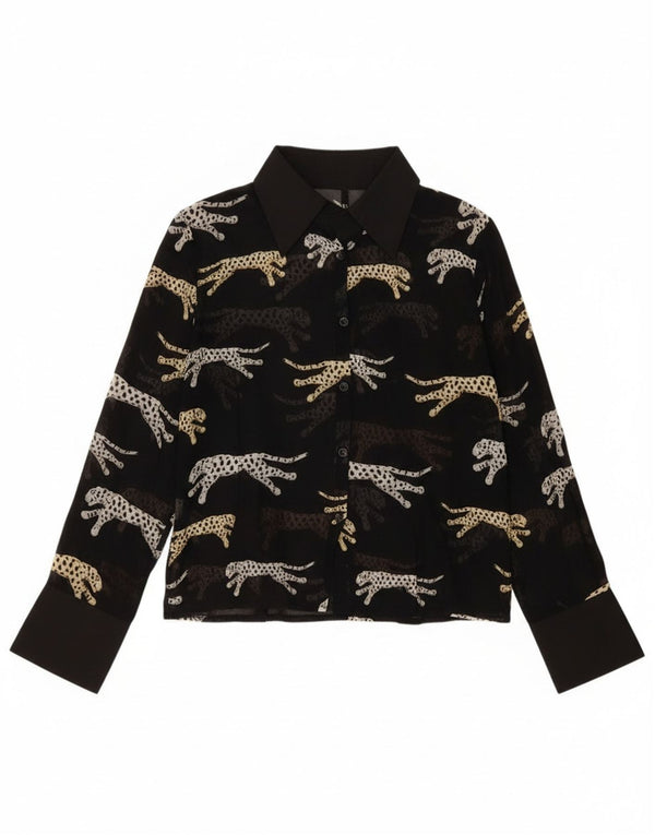 Damska bluzka koszulowa w stylu vintage UK 14, duża czarna wiskoza z nadrukiem zwierzęcym