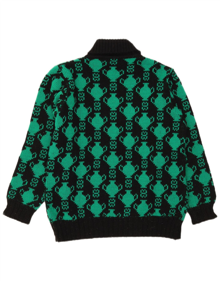 Vintage damski sweter z abstrakcyjnym wzorem i wywijanym dekoltem UK 12, średni czarny