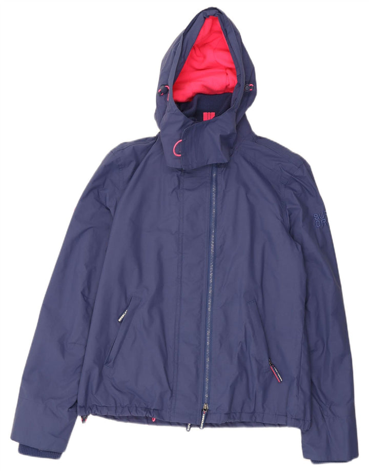 Damska kurtka wiatrówka z kapturem Superdry UK 16, duża niebieska, z blokami kolorów