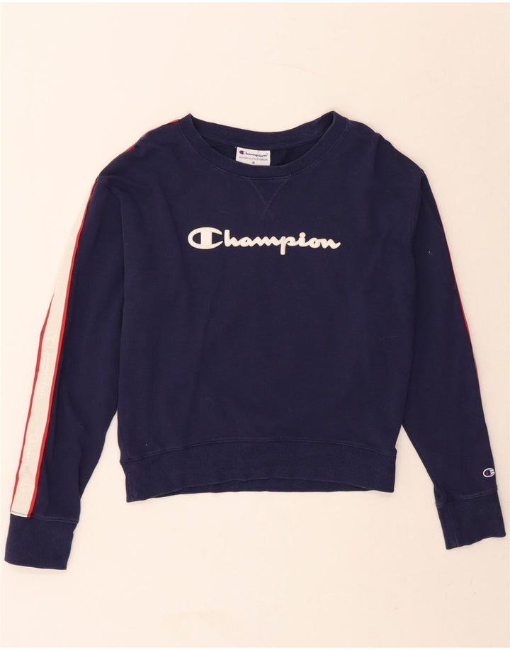 CHAMPION Womens Crop Sweatshirt Jumper UK 14 Medium Navy Blue Colourblock Vintage Champion and Second-Hand Champion from Messina Hembry 