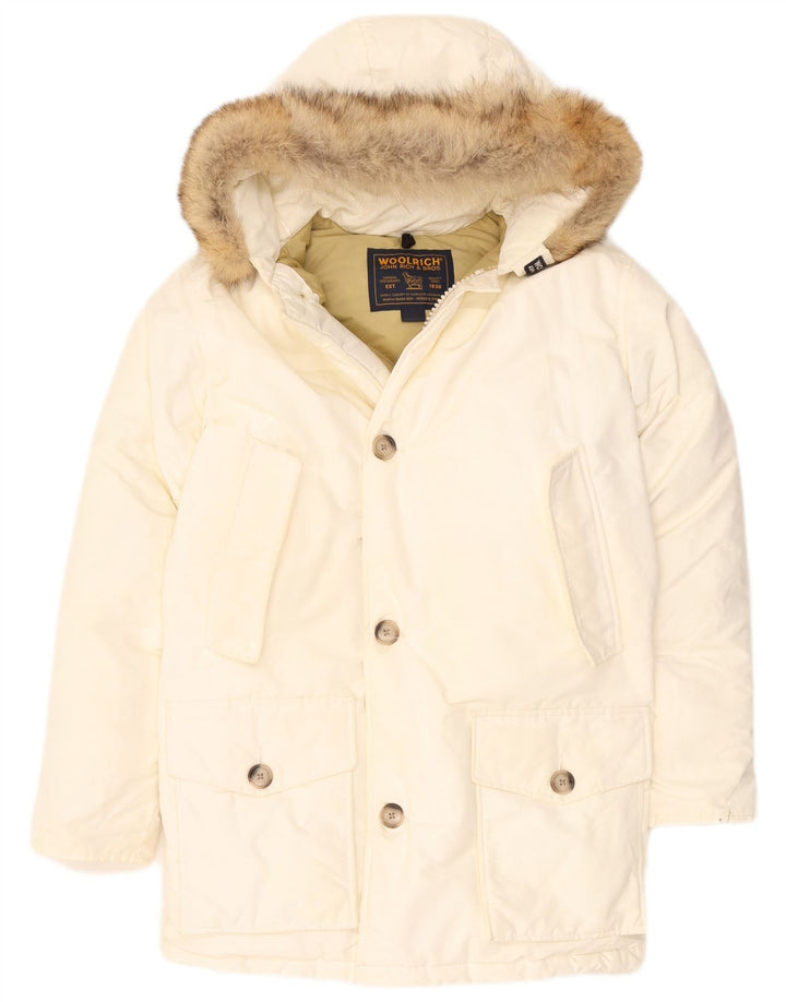 Męska ocieplana kurtka z kapturem Woolrich UK 36 Small White Nylon