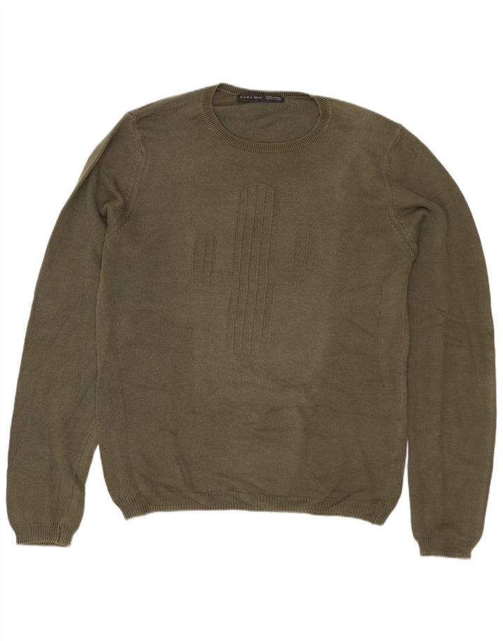 Męski sweter ZARA z graficznym wycięciem pod szyją, średniej wielkości bawełna khaki