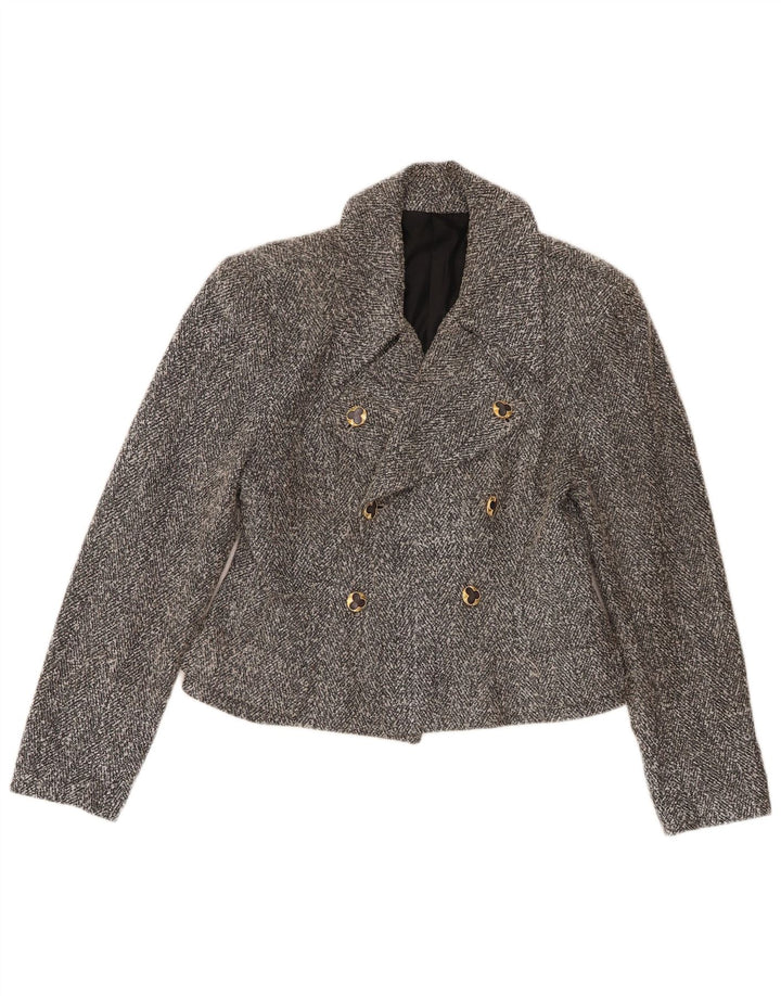 Dwurzędowa marynarka damska w stylu vintage, krótka, UK 8, mała, szara, nakrapiana