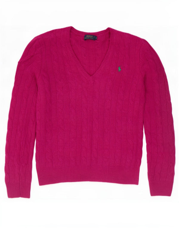 Sweter damski Polo Ralph Lauren z dekoltem w kształcie litery V, UK 10, mały, różowy, wełna merynosowa