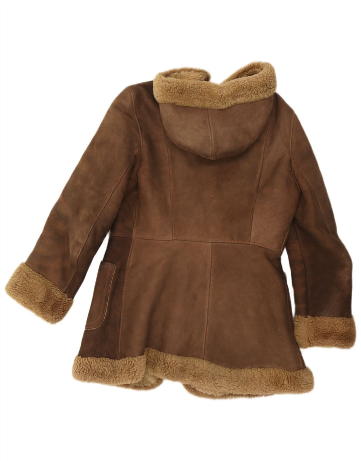 Vintage damska kurtka Shearling z kapturem UK 10, mała brązowa skóra