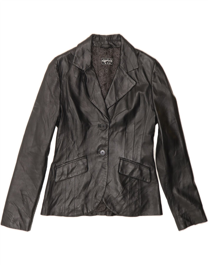 VINTAGE Womens 2 Button Leather Blazer Jacket UK 8 Small Black Leather Vintage Vintage and Second-Hand Vintage from Messina Hembry 