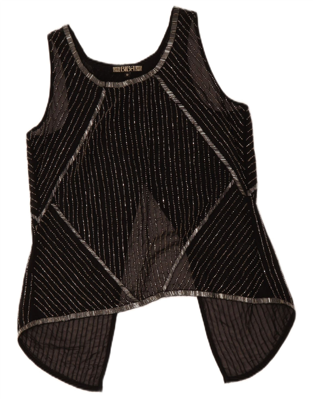 BIBA Damska koszulka bez rękawów, przezroczysta, UK 10, z poliestru w małe czarne paski
