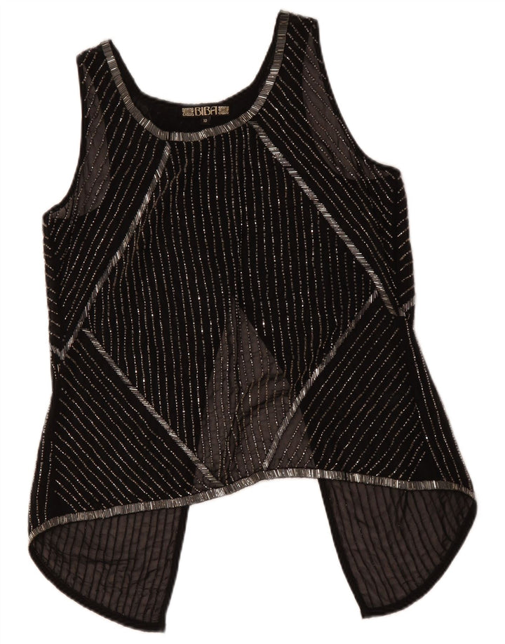 BIBA Damska koszulka bez rękawów, przezroczysta, UK 10, z poliestru w małe czarne paski