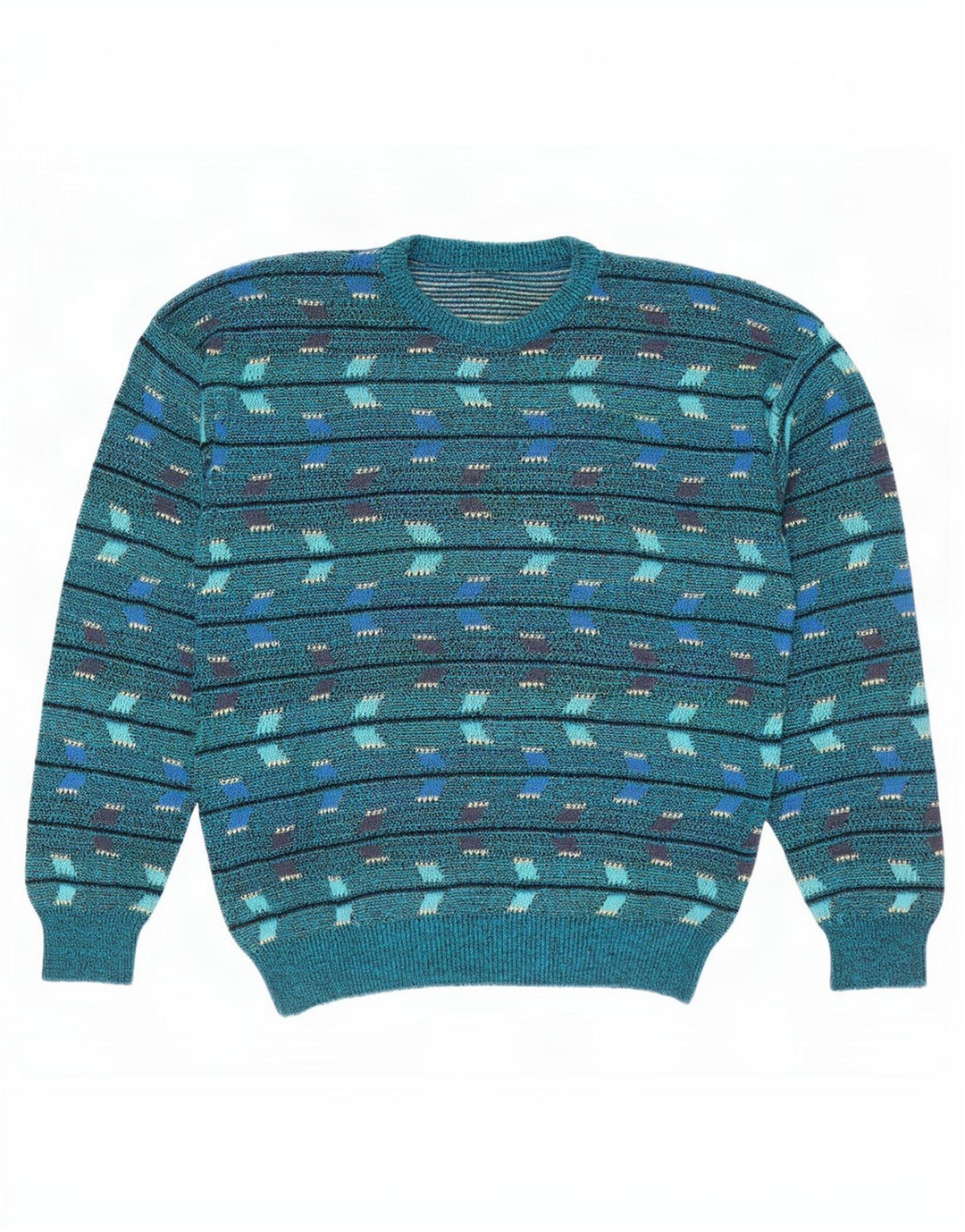 Vintage męski sweter z okrągłym dekoltem, średnioniebieski, geometryczny