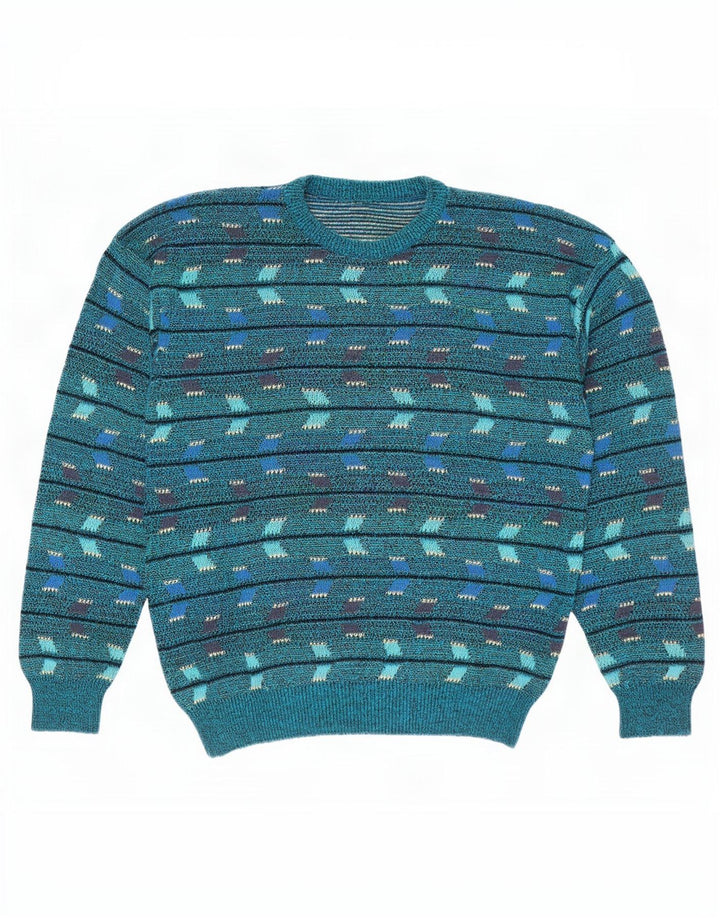 Vintage męski sweter z okrągłym dekoltem, średnioniebieski, geometryczny