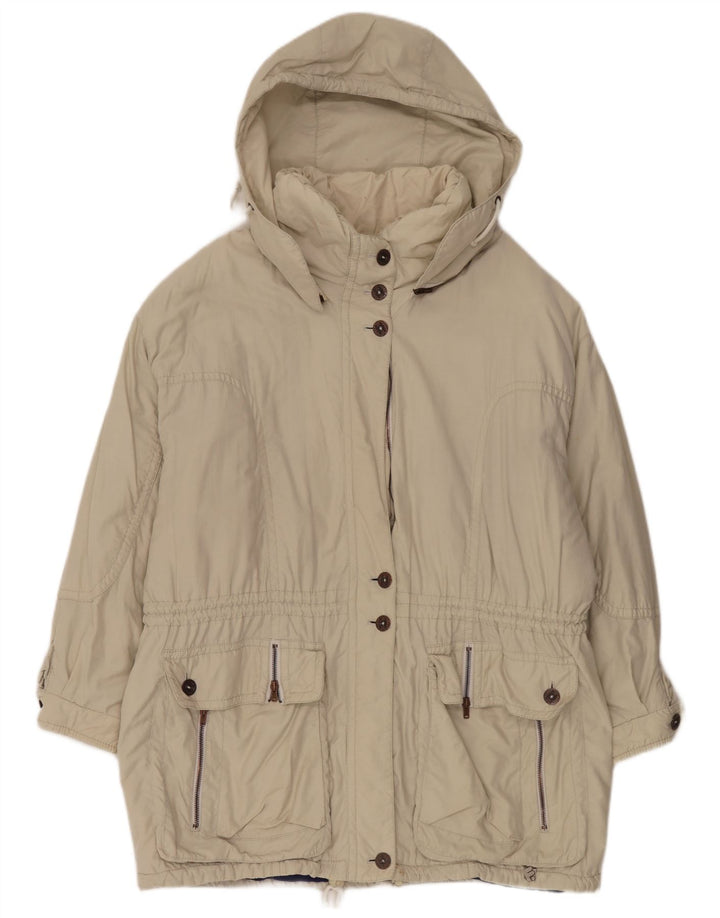 Vintage damski płaszcz wiatrówka z kapturem, oversize, EU 44 XL, beżowy poliamid