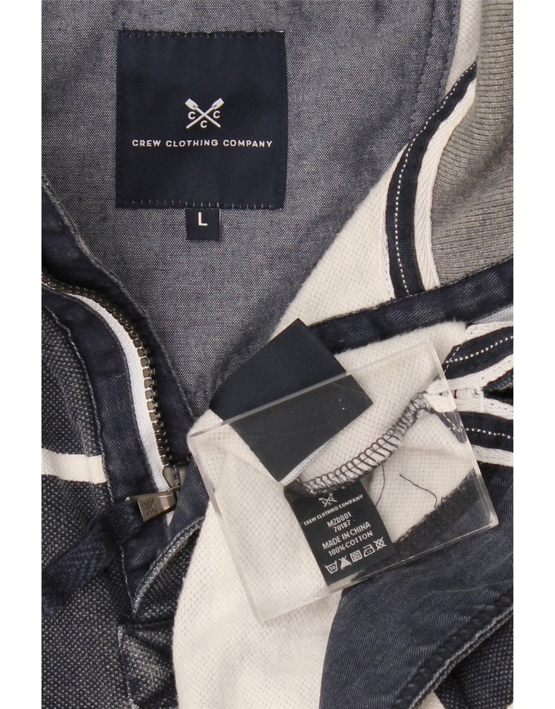 CREW CLOTHING Męski sweter zapinany na zamek, duży, granatowy w paski