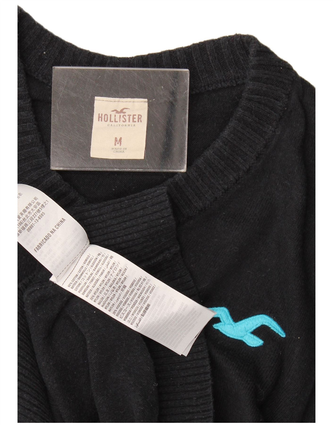 Męski sweter Hollister z dekoltem w kształcie litery V, średni granatowy, bawełniany