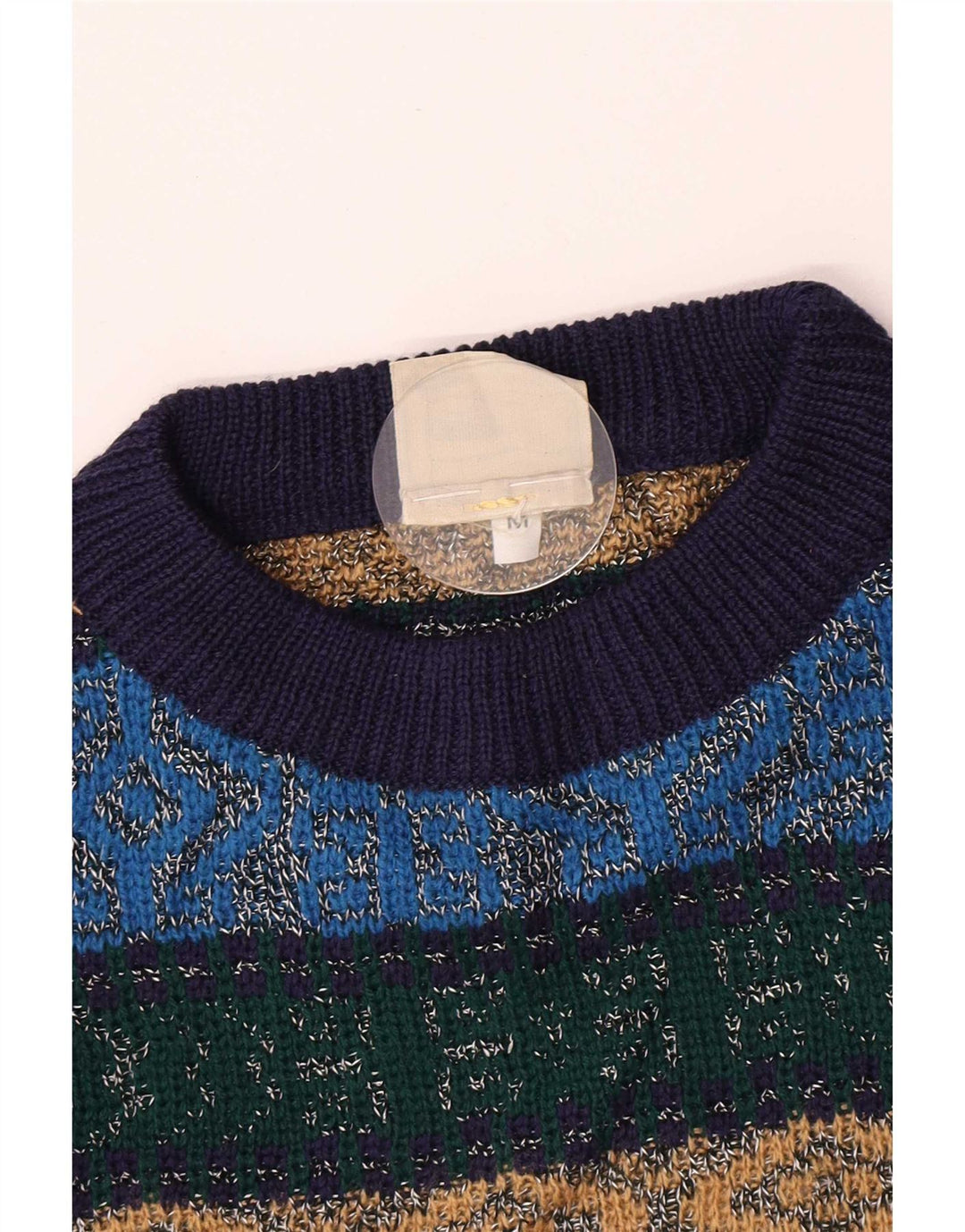 Vintage męski sweter z okrągłym dekoltem, średni niebieski Argyle/diament