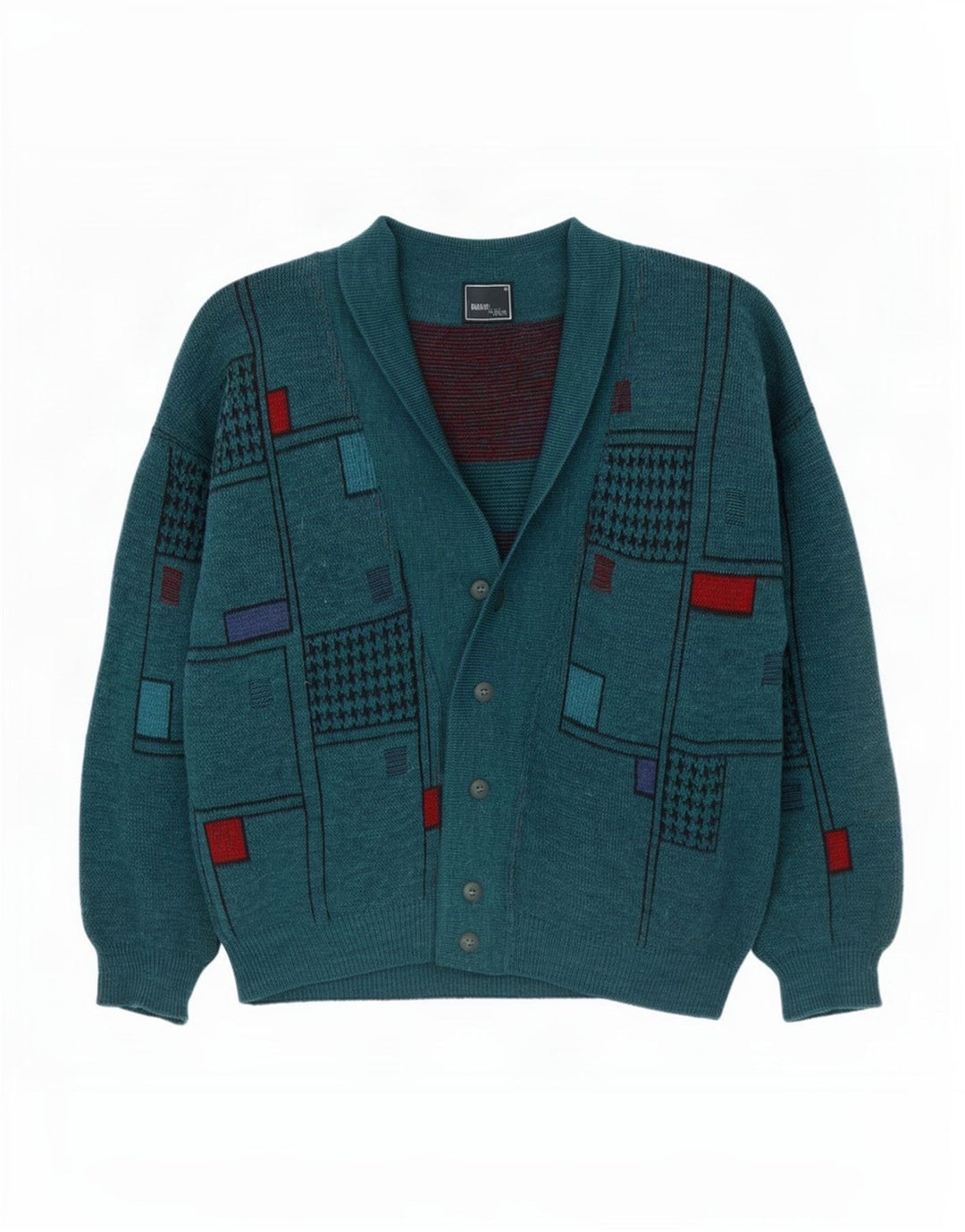 Vintage męski sweter rozpinany XL, zielona, geometryczna wełna