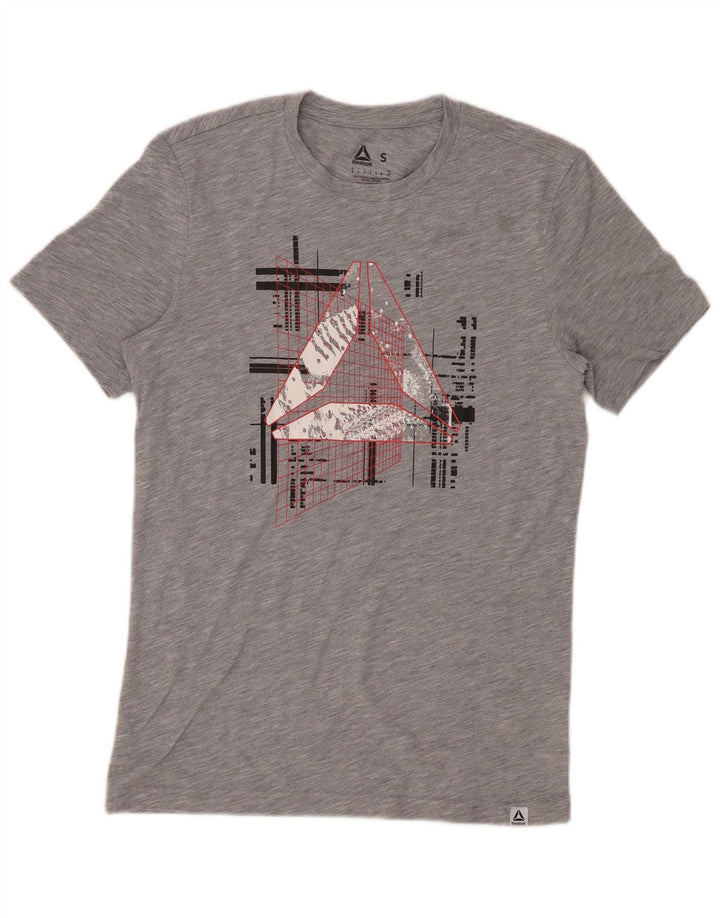 Męski T-shirt z grafiką REEBOK, mały, szary, nakrapiany poliester