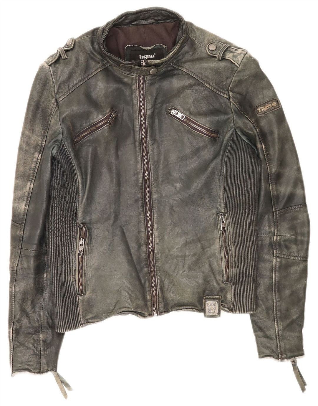 Damska skórzana kurtka racer Tigha UK 16, duża khaki