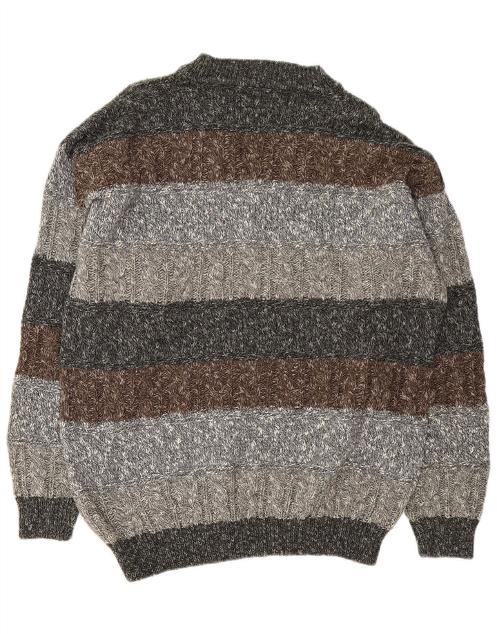 Vintage męski sweter z dekoltem w kształcie litery V, XL, wełniany w szare paski