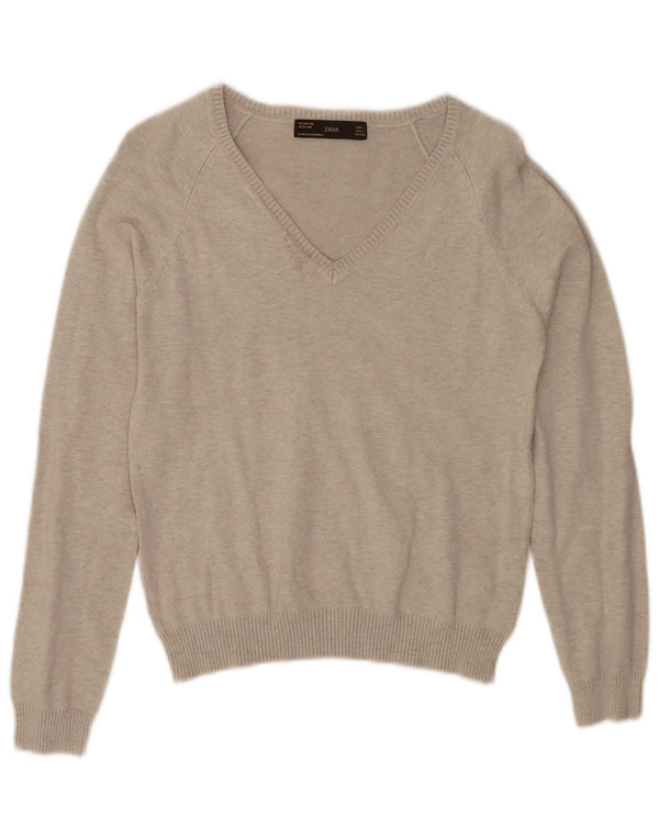 Damski sweter Zara z dekoltem w szpic, UK 14, duży, szary, bawełniany