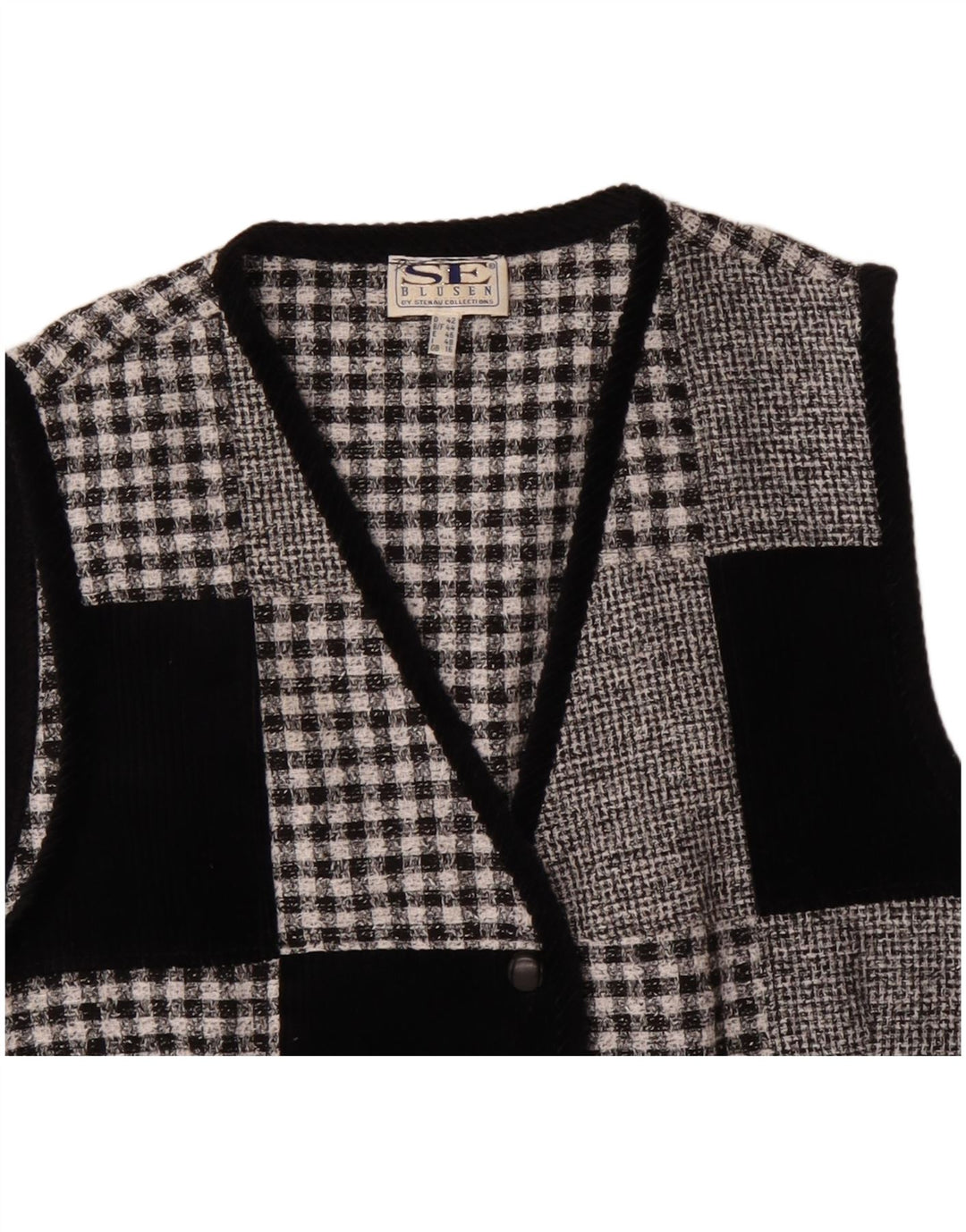 Kamizelka damska VINTAGE UK 16, duża, czarna, patchworkowa, poliestrowa