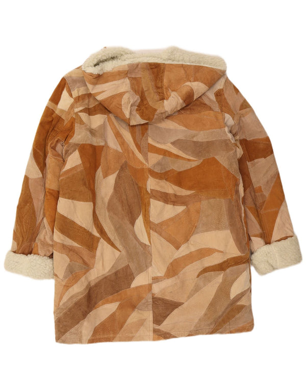 Vintage damski płaszcz Sherpa z kapturem UK 18 XL, brązowa, patchworkowa skóra