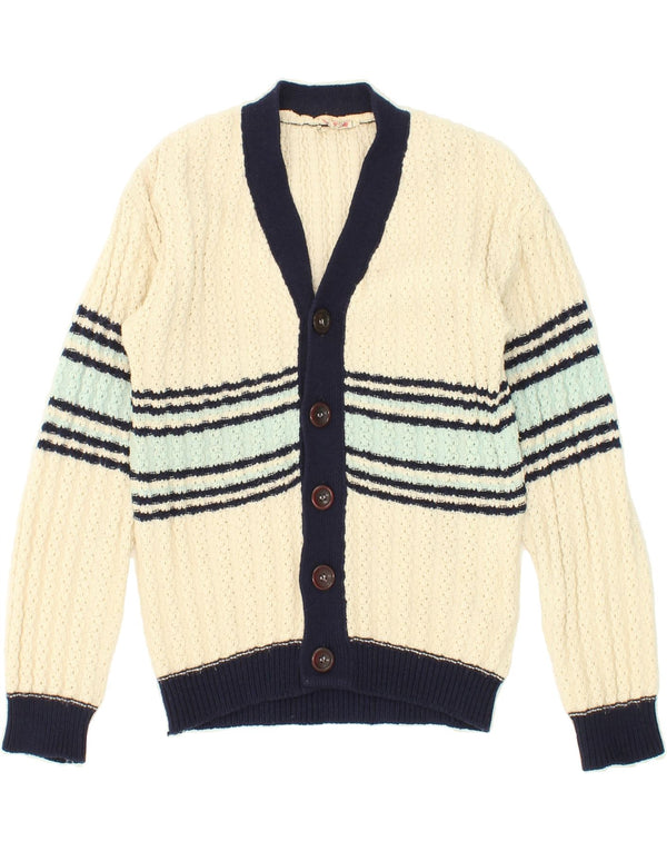 VINTAGE Boys Cardigan Sweater 14-15 Years Off White Striped Acrylic