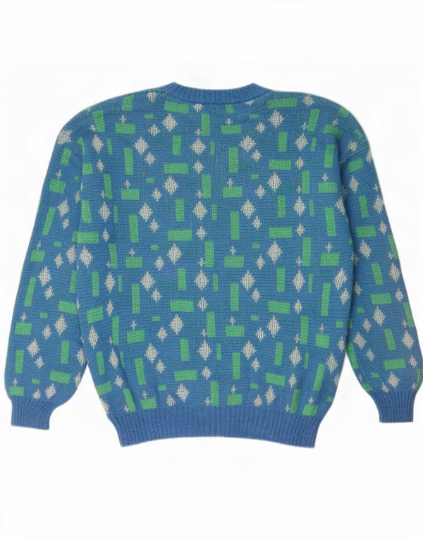 Vintage Mens Crew Neck Jumper Sweater Large Blue Geometric