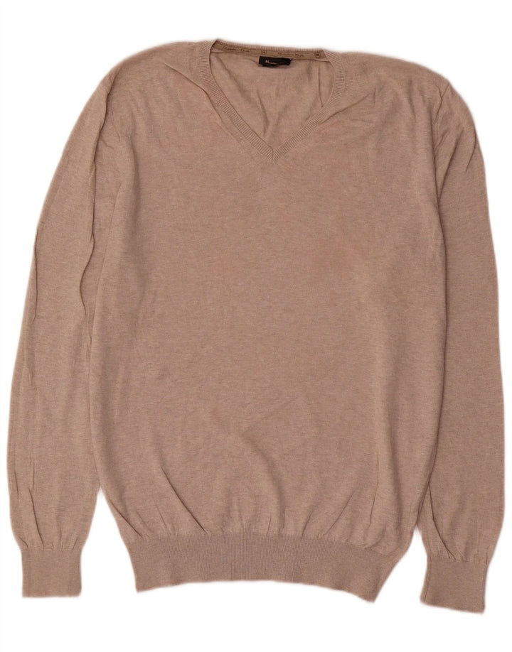 Męski sweter Massimo Dutti z dekoltem w kształcie litery V, duży, beżowy, bawełniany