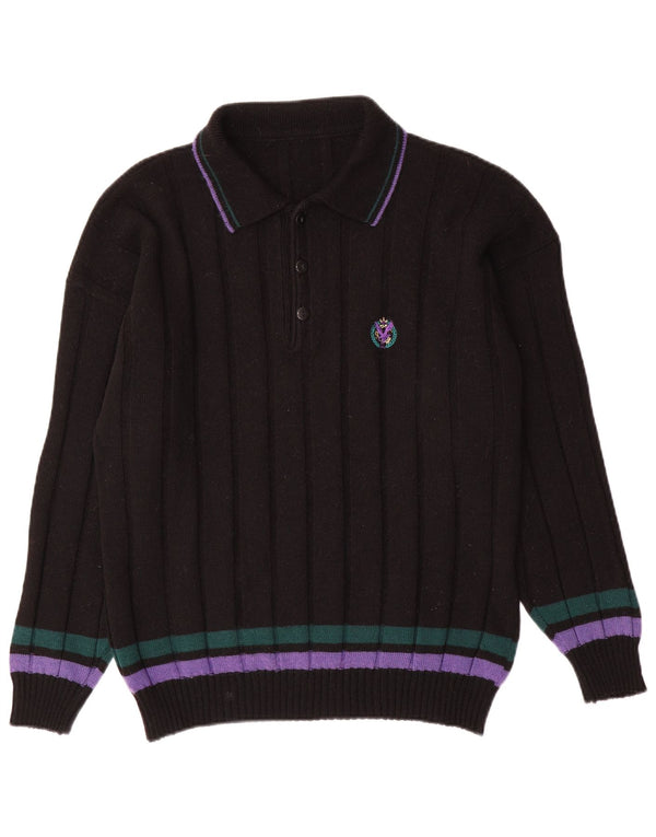 Vintage męski sweter polo XL, wełniany, w czarne paski