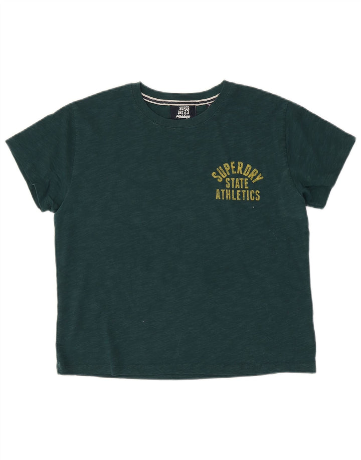 Damska koszulka z grafiką SUPERDRY Top UK 14, duża, zielona bawełniana w plamki