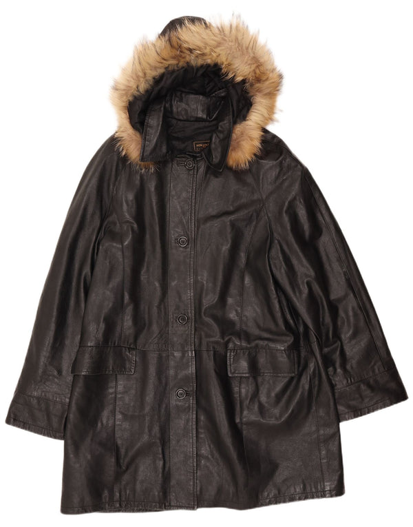 Damski płaszcz skórzany z kapturem VINTAGE IT 52 2XL Czarna skóra