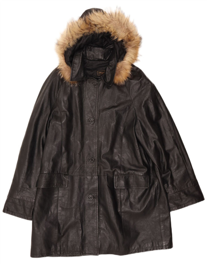 Damski płaszcz skórzany z kapturem VINTAGE IT 52 2XL Czarna skóra