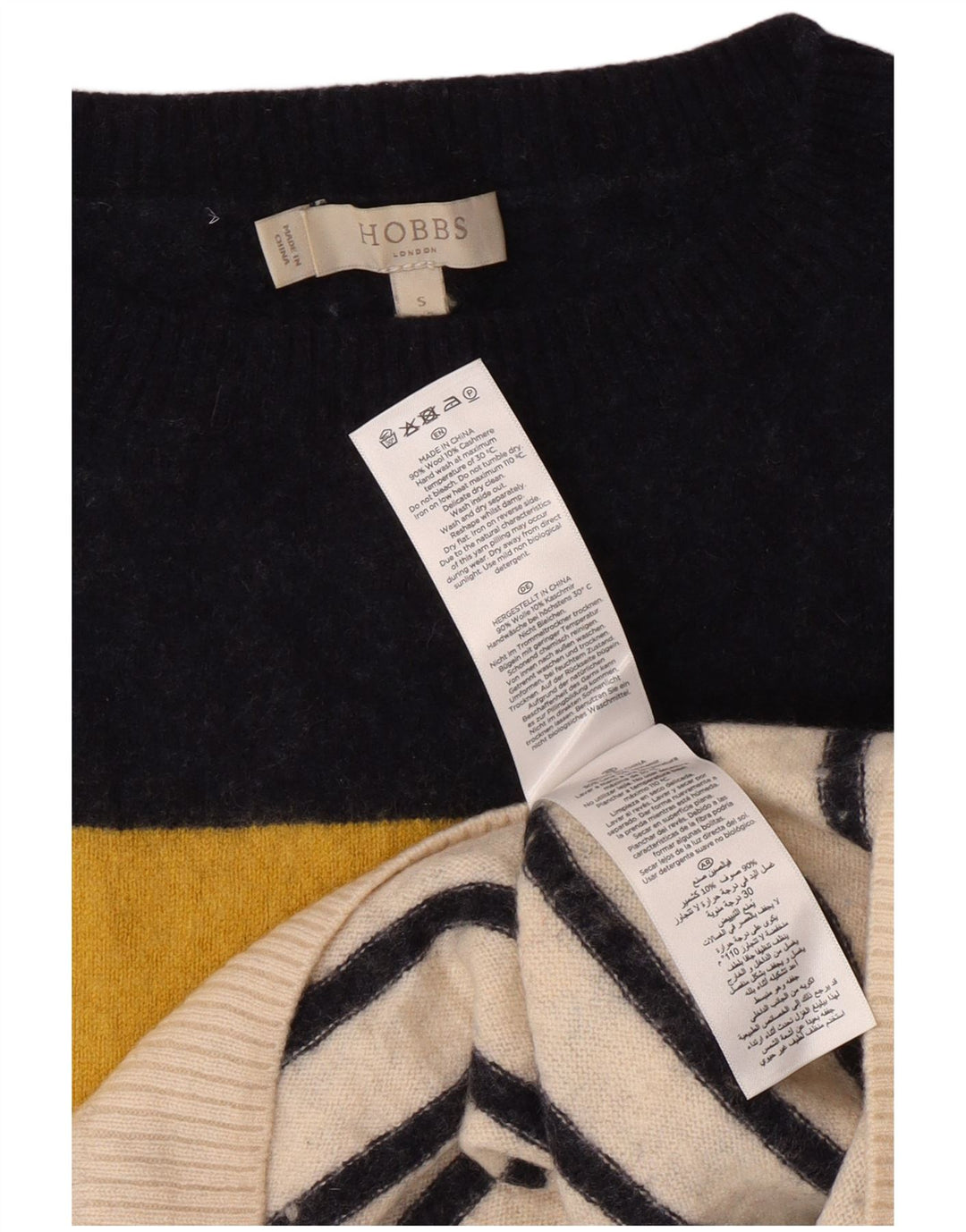 HOBBS Damski sweter z dekoltem w łódkę UK 10, wełniany w małe żółte paski