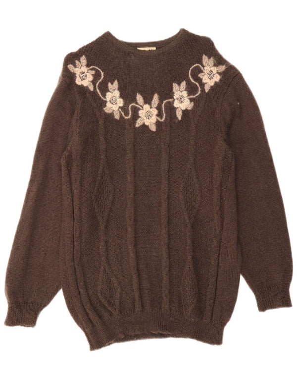 Vintage Womens Oversized Boat Neck Jumper Sweater UK 10 Small Brown Floral