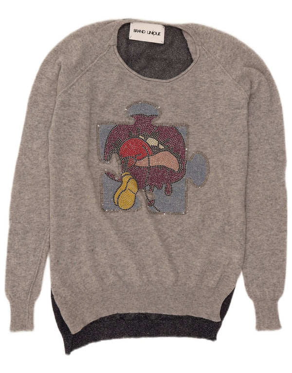 Sweter damski w stylu vintage z dekoltem w łódkę UK 16, duży, szary, z blokami kolorów