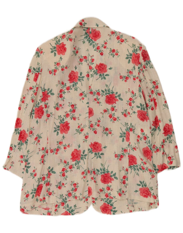 Vintage damska marynarka zapinana na 3 guziki IT 50 XL, biała, lniana w kwiaty