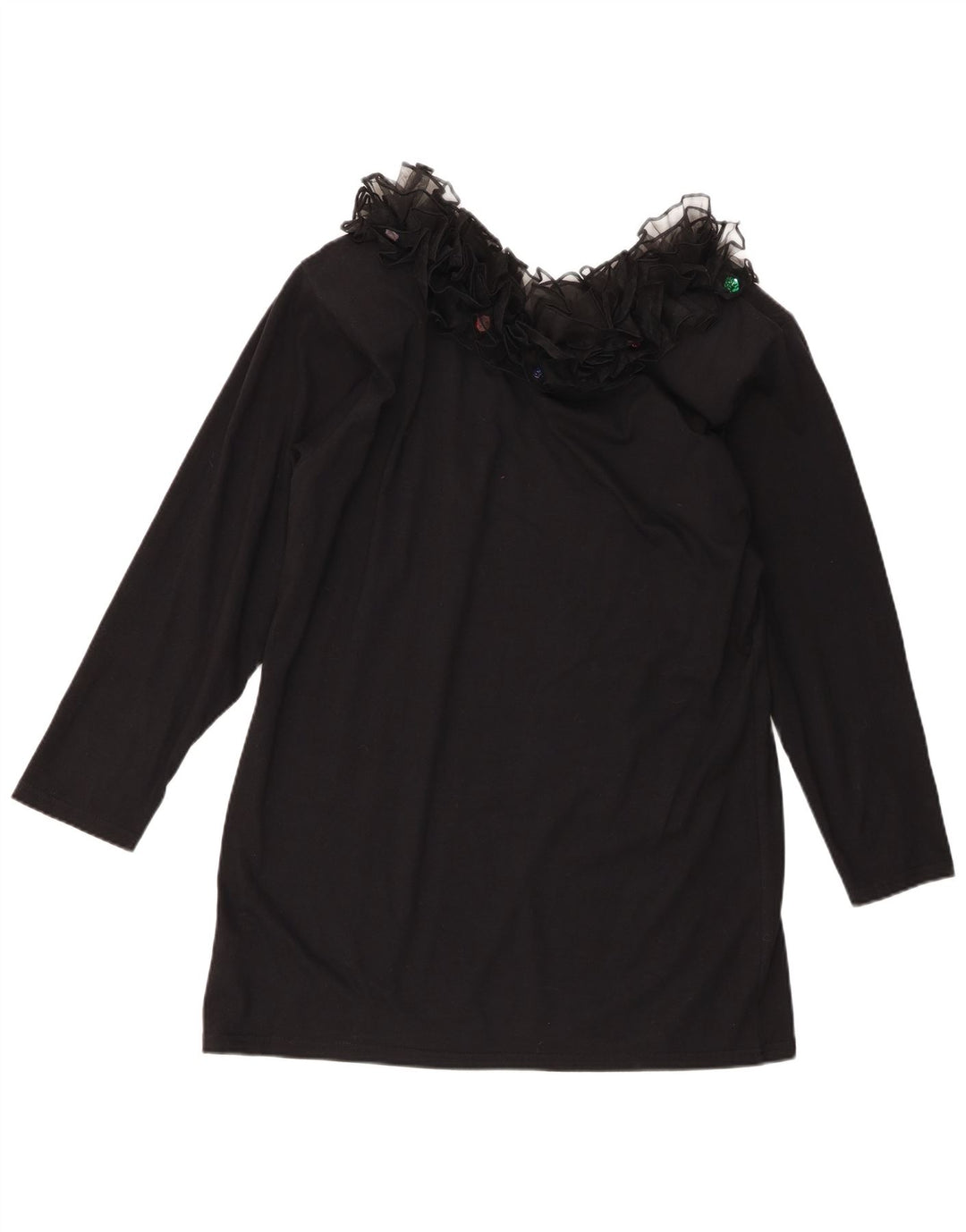 Vintage damska tunika z falbaną z przodu i długim rękawem, UK 16, duża czarna bawełna