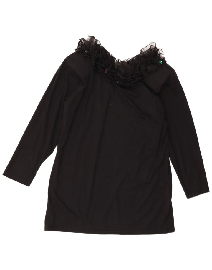 Vintage damska tunika z falbaną z przodu i długim rękawem, UK 16, duża czarna bawełna