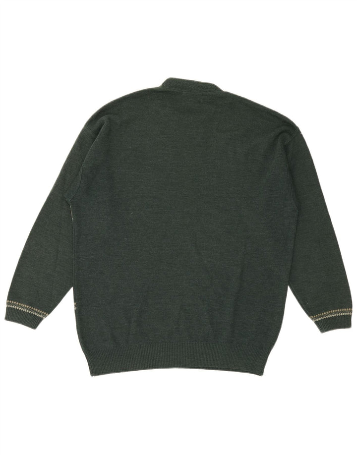 Męski sweter z okrągłym dekoltem w stylu vintage, średnio zielona, geometryczna wełna