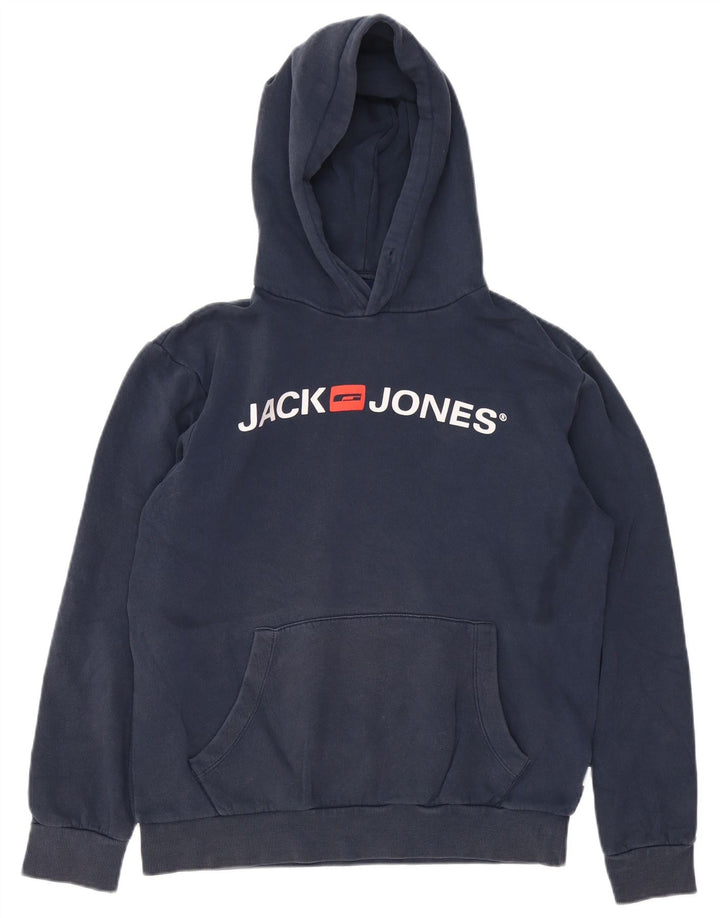 Męski sweter z kapturem i grafiką JACK & JONES, średni granatowy, bawełniany