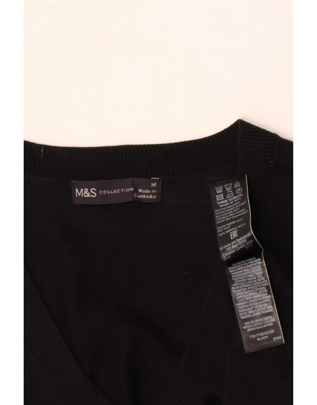 Marks & Spencer Męski sweter z dekoltem w kształcie litery V, średni czarny, wełna merynosów