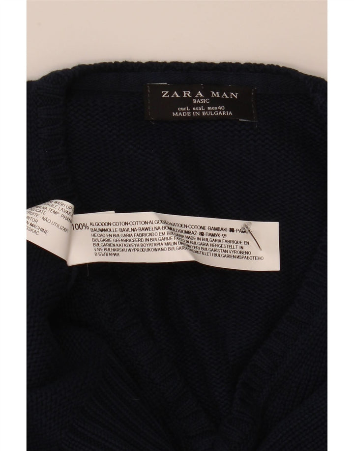 Męski sweter Zara z dekoltem w kształcie litery V, duży, granatowy, bawełniany