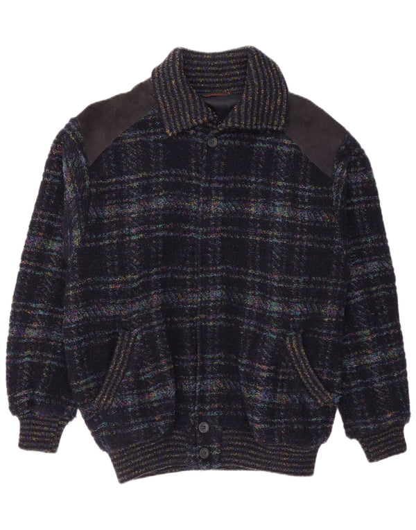 Vintage Mens Cardigan Sweater IT 52 Large Navy Blue Check Mohair