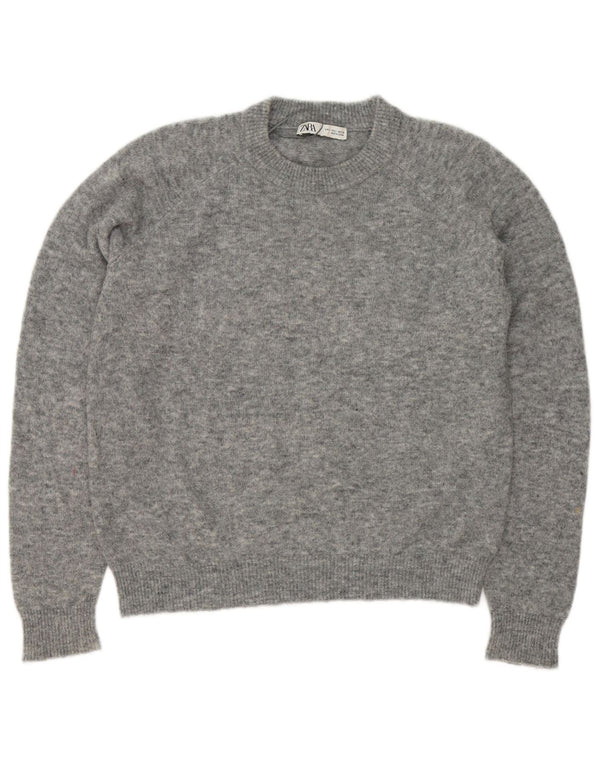 Sweter damski Zara z okrągłym dekoltem UK 16, duży, szary, nakrapiany nylon