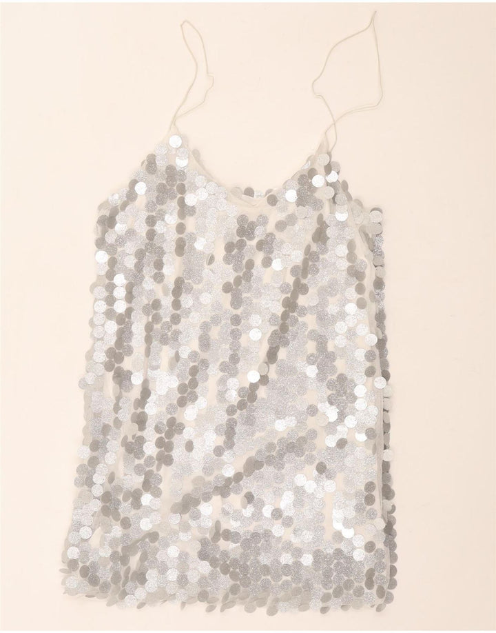 Vintage damski top na ramiączkach UK 12, średni srebrny poliester