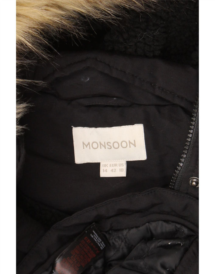 Damska kurtka parka z kapturem Monsoon UK 14, duża, czarna, bawełniana