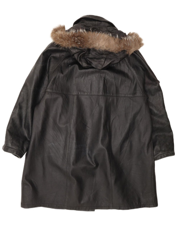 Damski płaszcz skórzany Kiros z kapturem, oversize IT 48 XL, czarny